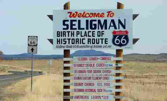Seligman Arizona sign showing the birth place of route 66 Seligman Arizona sign showing the birth place of route 66 and to go on a road trip