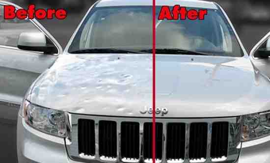Before and after photo of repair work from dents made by hail. 