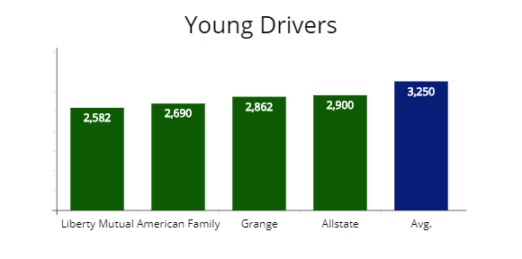 Cheap auto insurance companies for young drivers by price from American Family, Grange and Liberty Mutual. 