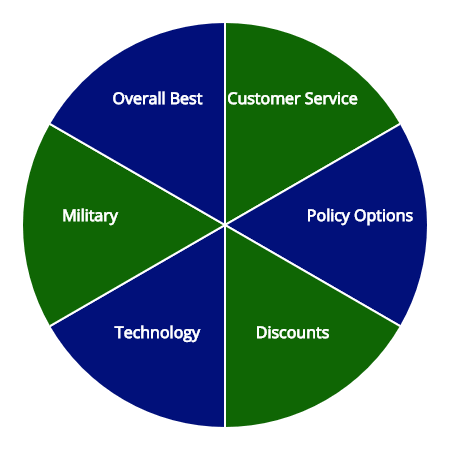 Ratings of Auto Insurance by Type: Overall, Customer Service, Military, Coverage, Technology, and Driver Discounts.