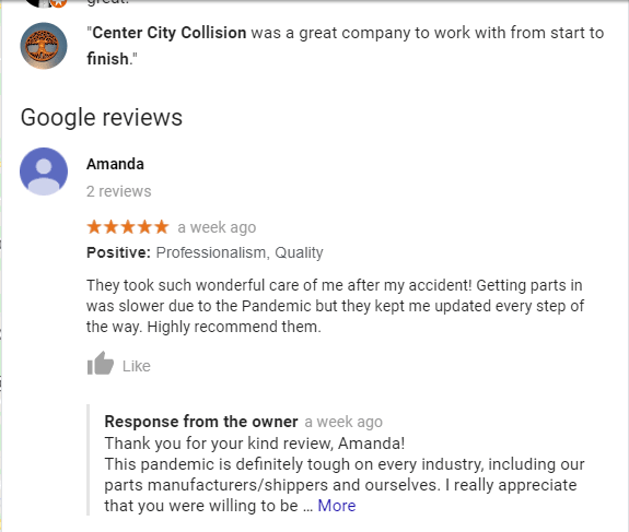 Auto body shop reviews from customers with owner response.