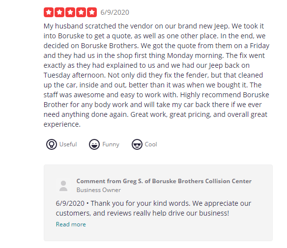 Yelp Review of Auto Body Shop with owner response.