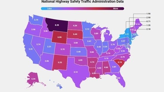 Map of the amount of DUI fatalities by state with increase use of ignition interlock devices.